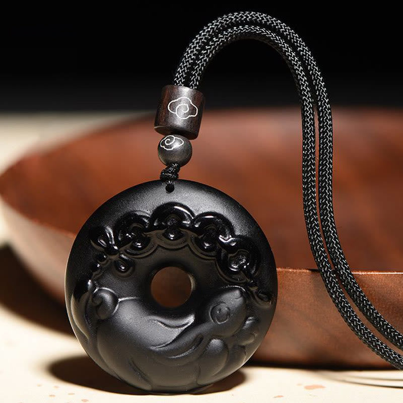 Collar con colgante de fuerza con hebilla de paz, obsidiana negra Natural del zodíaco chino , Buddha Stones - Conejo - image 1