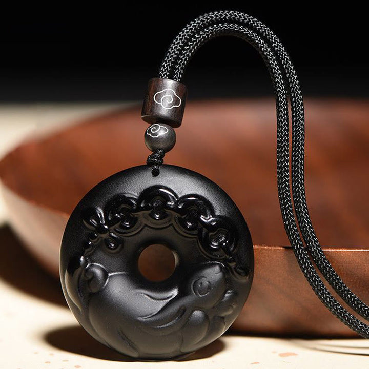 Collar con colgante de fuerza con hebilla de paz, obsidiana negra Natural del zodíaco chino , Buddha Stones - Conejo - image 1
