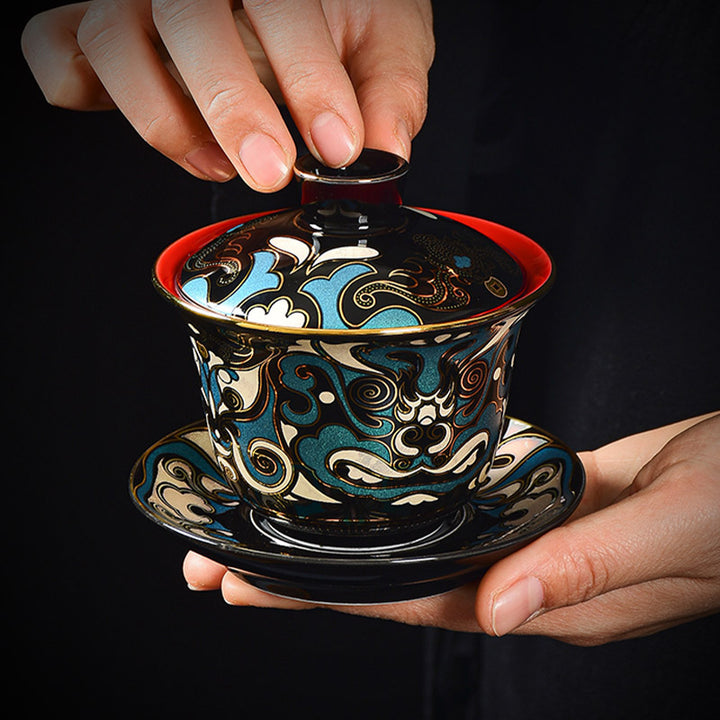 Taza de té de cerámica con diseño de máscara de Ópera de Pekín, Buddha Stones , Gaiwan Sancai, taza de té de Kung Fu y platillo con tapa, tetera