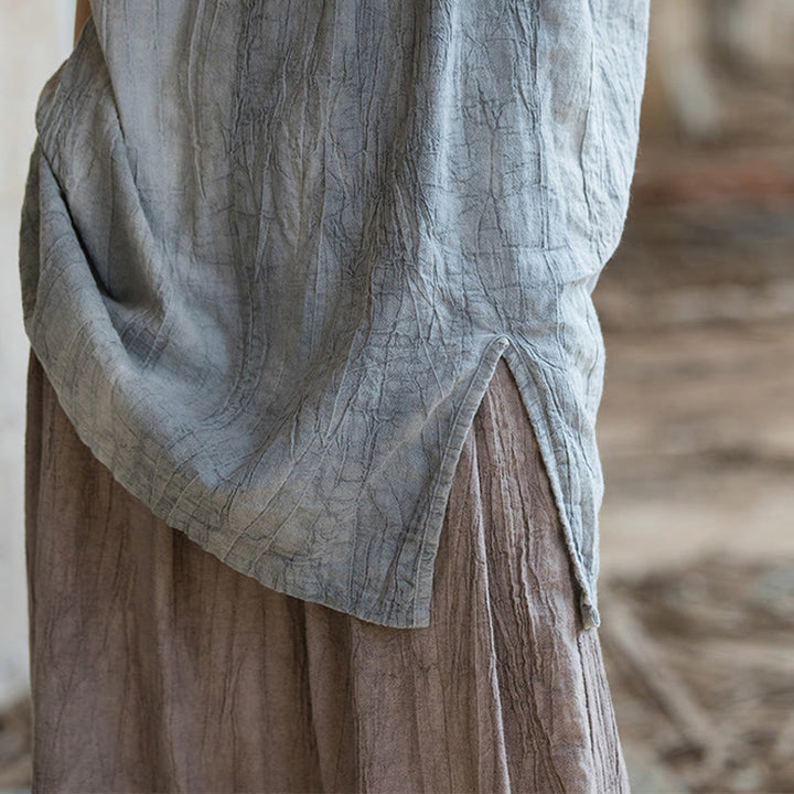 Camiseta sin mangas con botones de rana de lino y ramio teñida anudada hecha a mano con Buddha Stones