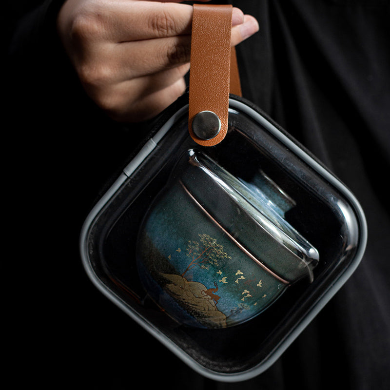 Taza de té de cerámica con Buddha Stones , ciervo, árboles de montaña, gato encantador, taza de té negra con tapa y bolsa