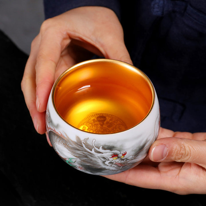 Taza de té de porcelana blanca de cerámica con calabaza dorada de dragón de Buddha Stones, taza de té de Kung Fu de 160ml