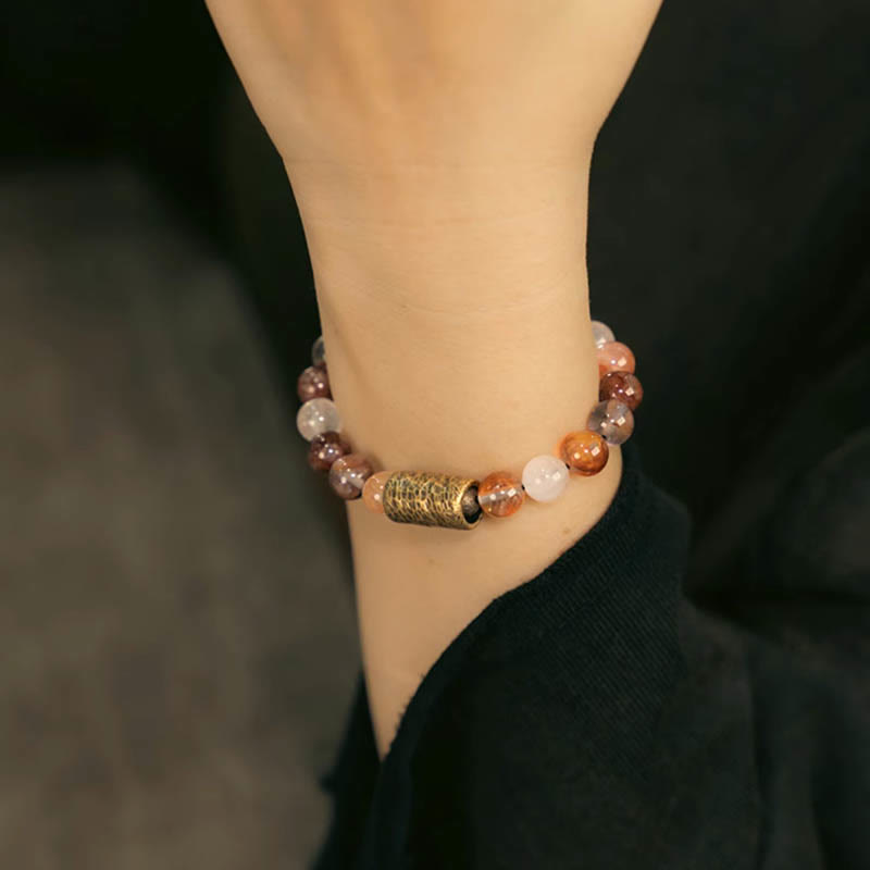 Buddha Stones Cristal blanco Cuarzo hematoide rojo Cuarzo rutilado dorado Pulsera de protección fantasma púrpura