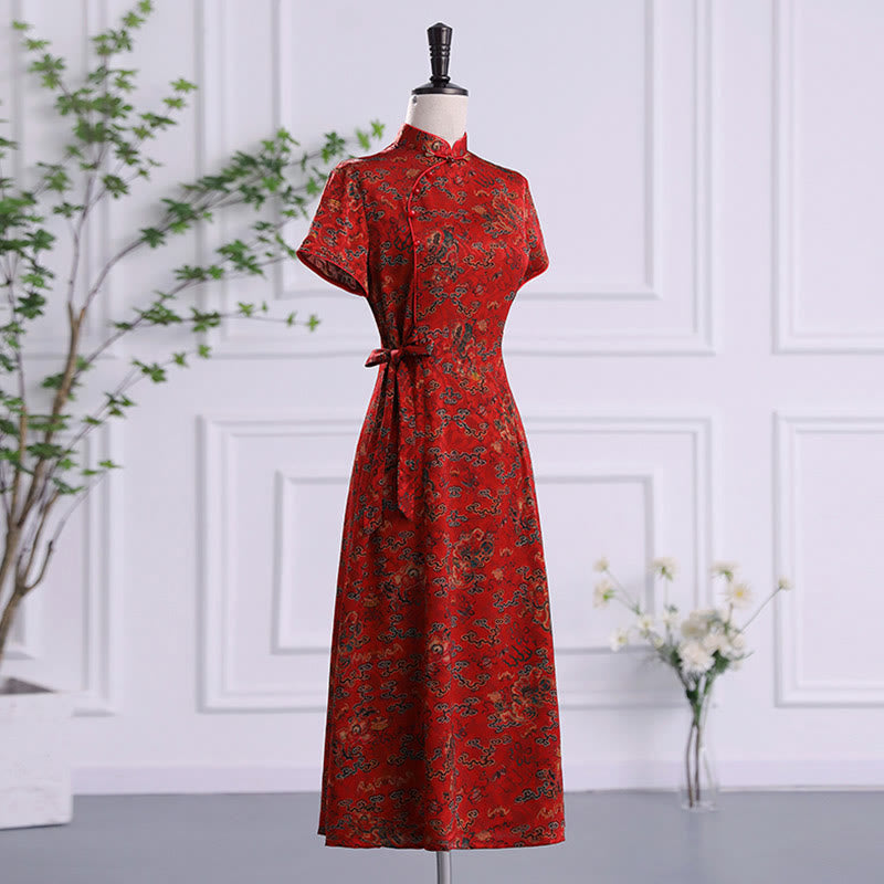 Vestido Cheongsam con estampado de hojas y nubes propicias vintage de Buddha Stones vestido Qipao para mujer