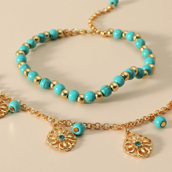 Tobillera con pulsera de protección de flores de piedra turquesa de 2 piezas