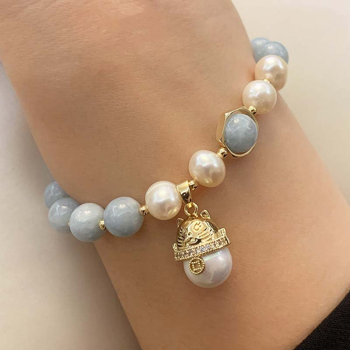Pulsera con dije de gato de la suerte, curación de la paz, perlas de aguamarina, Buddha Stones - image 3