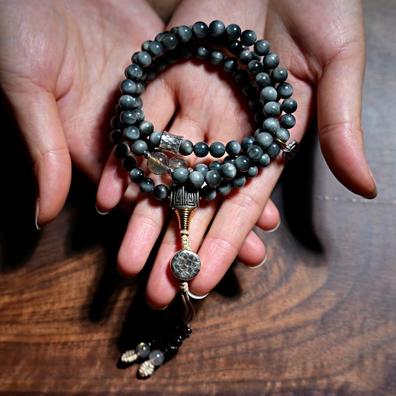 Buddha Stones Plata de Ley 925 108 Cuentas Mala Piedra Ojo de Águila Pulsera Positiva de Piedra Lunar