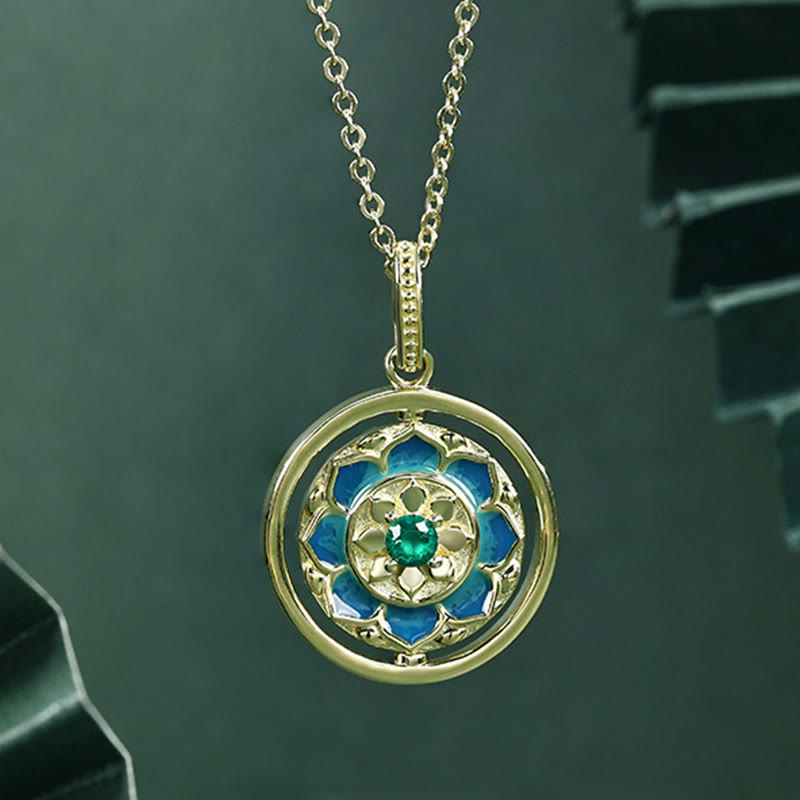 Colgante de collar giratorio con iluminación de circonita floral con flor de loto de Plata de Ley 925 con Buddha Stones - image 2