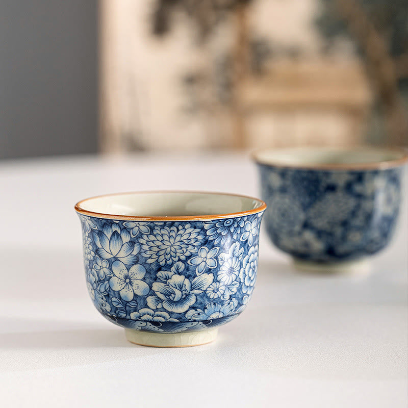 Tazas de té de cerámica de crisantemo con flor de ciruelo y peonía de loto Vintage con Buddha Stones