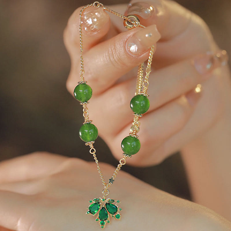 Pulsera de fuerza de valor de hoja de arce de calcedonia verde chapada en oro de 14 quilates con Buddha Stones
