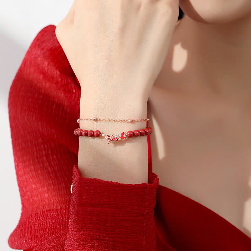 Pulsera de cadena de doble capa de plata de ley 925 con Buddha Stones , pez Koi de la suerte, circonita cinabrio, prosperidad