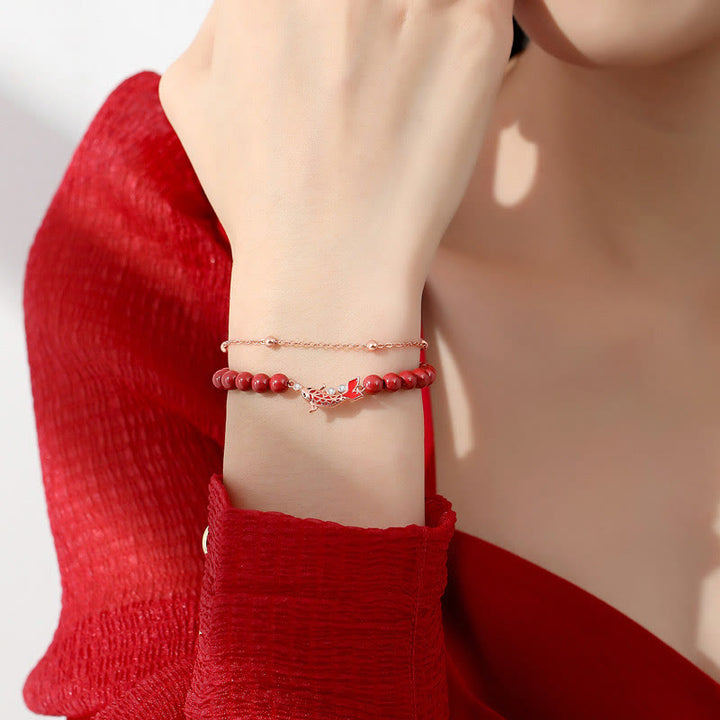 Pulsera de cadena de doble capa de plata de ley 925 con Buddha Stones , pez Koi de la suerte, circonita cinabrio, prosperidad