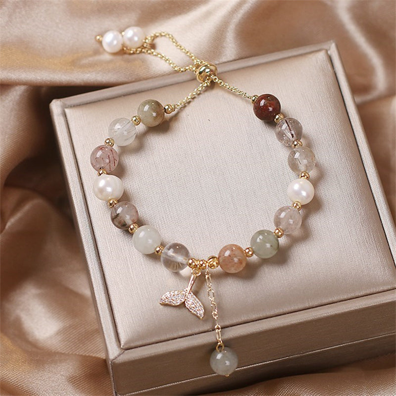 Pulsera curativa con dije de cola de pez de cuarzo rutilado de cuarzo fresa con Buddha Stones