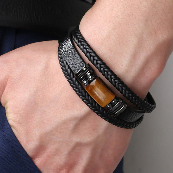 Pulsera de cuero multicapa con hebilla magnética y ojo de tigre con Buddha Stones