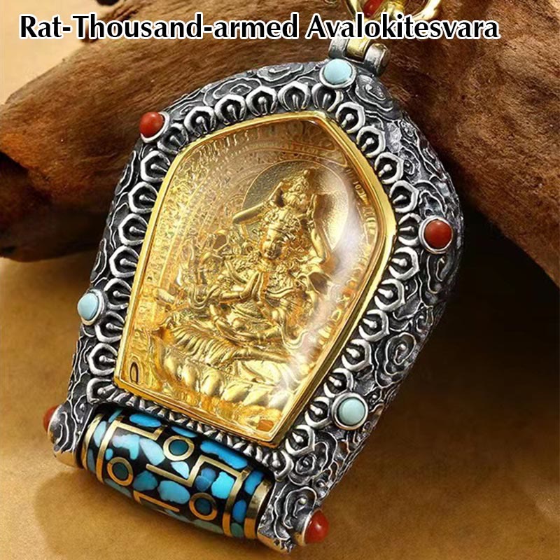 Colgante de collar de cuentas Dzi giratorio del zodiaco chino del Tíbet Buda natal Thangka prosperidad - Avalokitesvara de las Mil Brazos - image 2