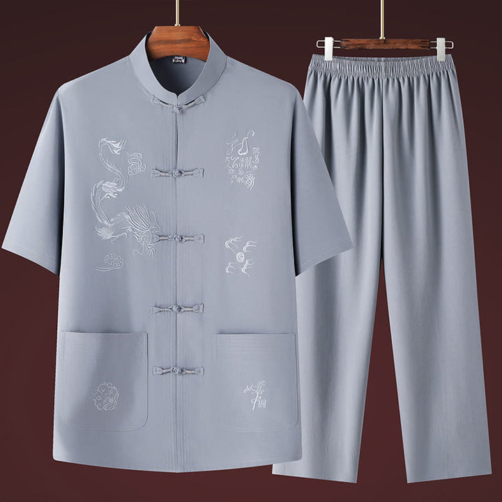 Traje Tang de Buddha Stones Hanfu dragón chino uniforme de kungfú tradicional camisetas y pantalones de manga corta conjunto de ropa para hombre