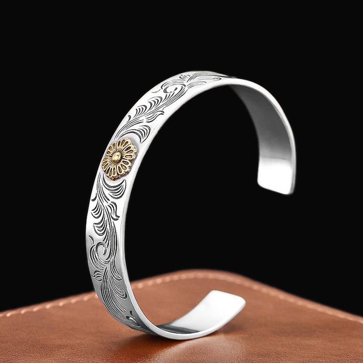 Brazalete de cobre tallado con plumas de la suerte, diseño de flores de la dinastía Tang, Buddha Stones