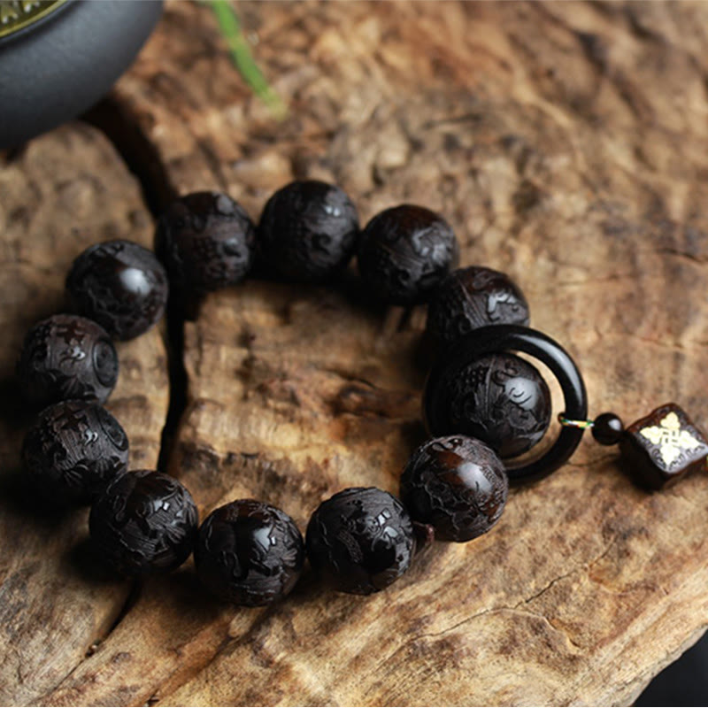 Pulsera de equilibrio de calabaza grabada con Buddha Stones , madera de ébano, carácter chino, Yin Yang
