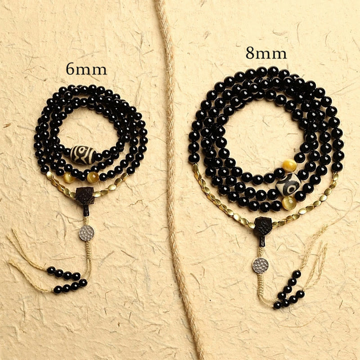 Pulsera de protección de cuentas Dzi de tres ojos de ónix negro con cuentas tibetanas de 108 Mala
