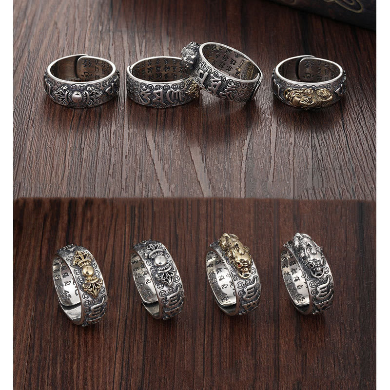 Buddha Stones tibetanas de plata de ley 990 Om Mani Padme Hum PiXiu Dorje Vajra corazón Sutra grabado anillo de riqueza