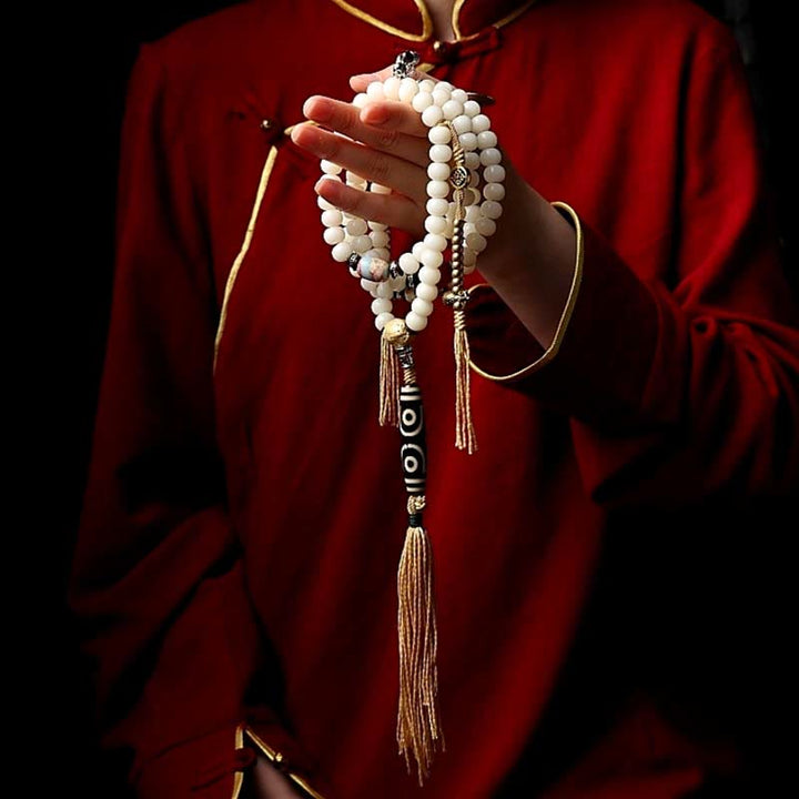 Buddha Stones Tíbet 108 cuentas Mala semilla Bodhi Bagua Vajra Dzi cuentas ágata gris pulsera de riqueza