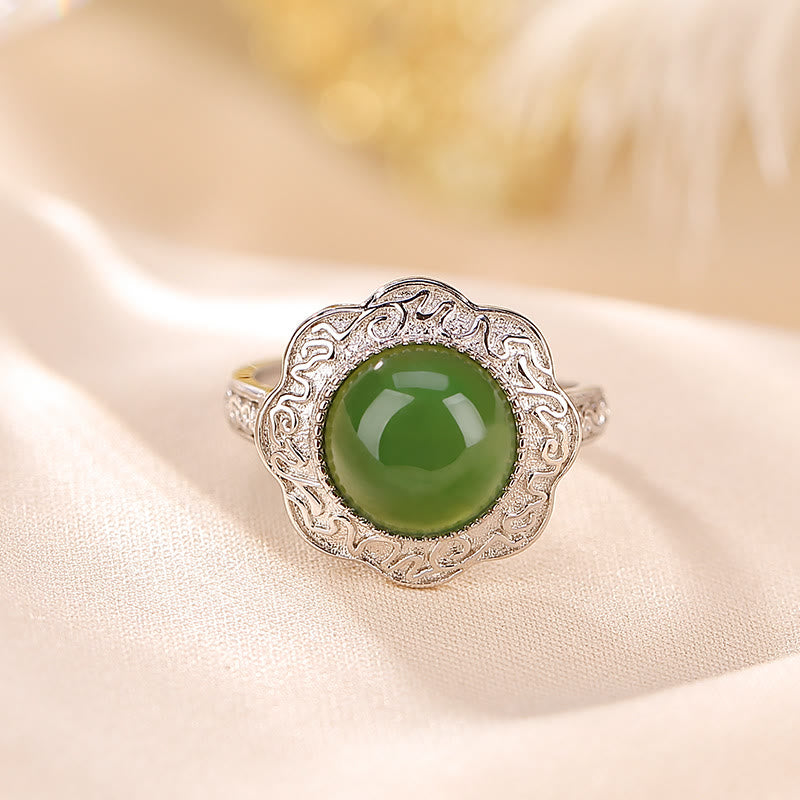 Anillo ajustable de la suerte con diseño de flor de jade cian hetiano de plata de ley 925 con Buddha Stones - image 2