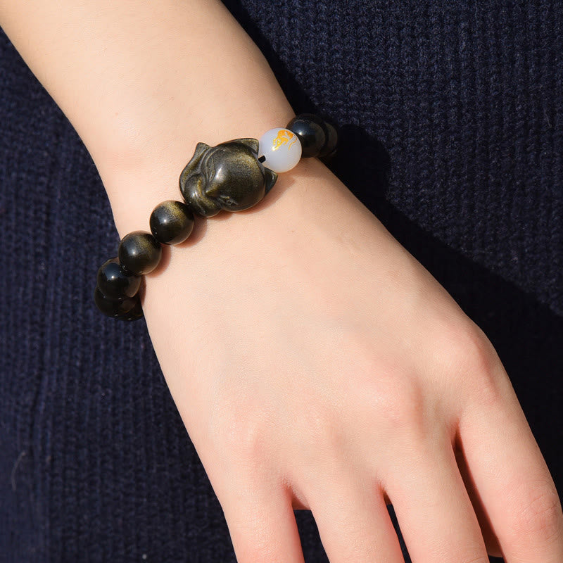 Buddha Stones Natural Arco Iris Obsidiana Oro Brillo Obsidiana Plata Brillo Obsidiana Zorro Curación Pulsera