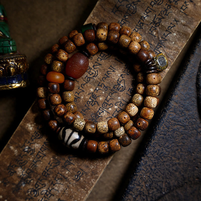 Buddha Stones tibetano Bodhi semilla ámbar Dzi cuentas ágata Zakiram diosa de la riqueza cuentas Triple envoltura pulsera
