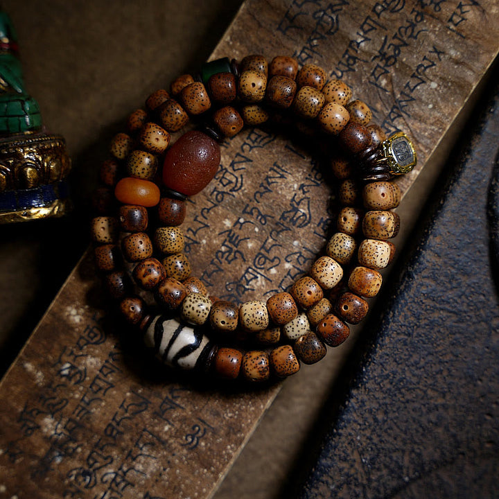 Buddha Stones tibetano Bodhi semilla ámbar Dzi cuentas ágata Zakiram diosa de la riqueza cuentas Triple envoltura pulsera