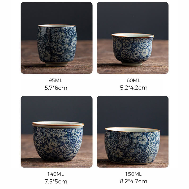 Tazas de té de cerámica con diseño de crisantemo, loto azul, flor de melocotón, Buddha Stones, tazas de té de Kung Fu