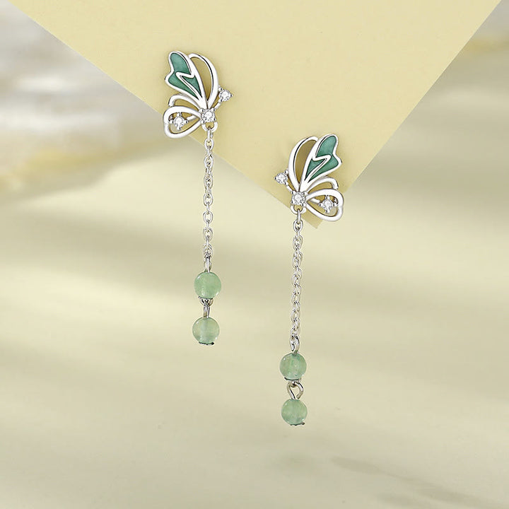 Juego de pendientes con colgante de collar de la suerte de mariposa de aventurina verde natural de plata de ley 925 con Buddha Stones