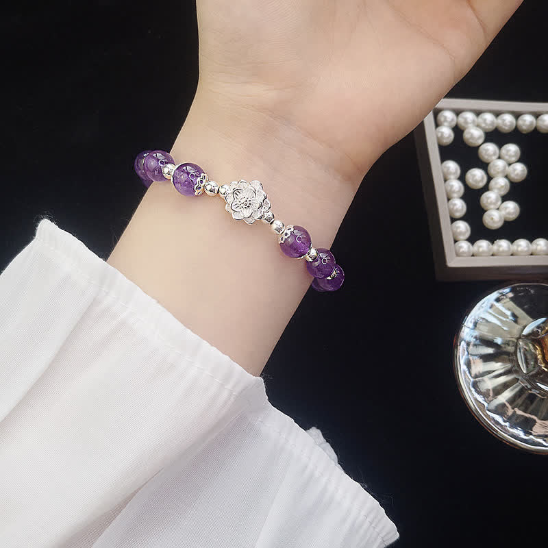 Pulsera espiritual de loto de amatista natural de plata de ley 925 con Buddha Stones
