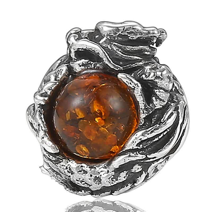 Pendientes de tuerca de plata de ley 925 con Buddha Stones, dragón de ámbar natural, protección del éxito