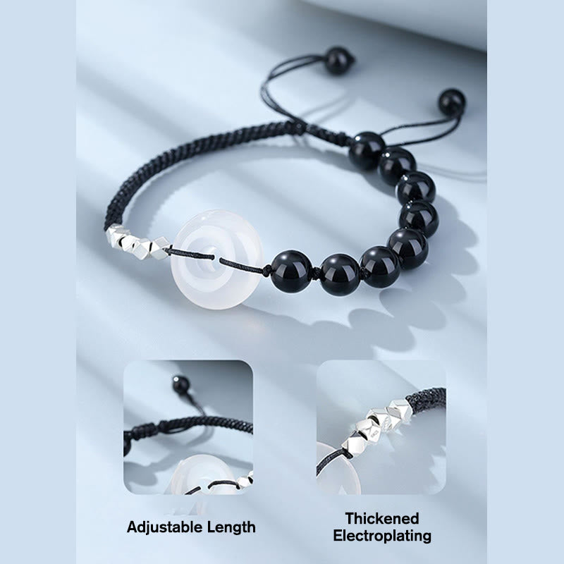 Pulsera de fuerza con hebilla de paz de ágata de obsidiana negra de plata de ley 925 con Buddha Stones
