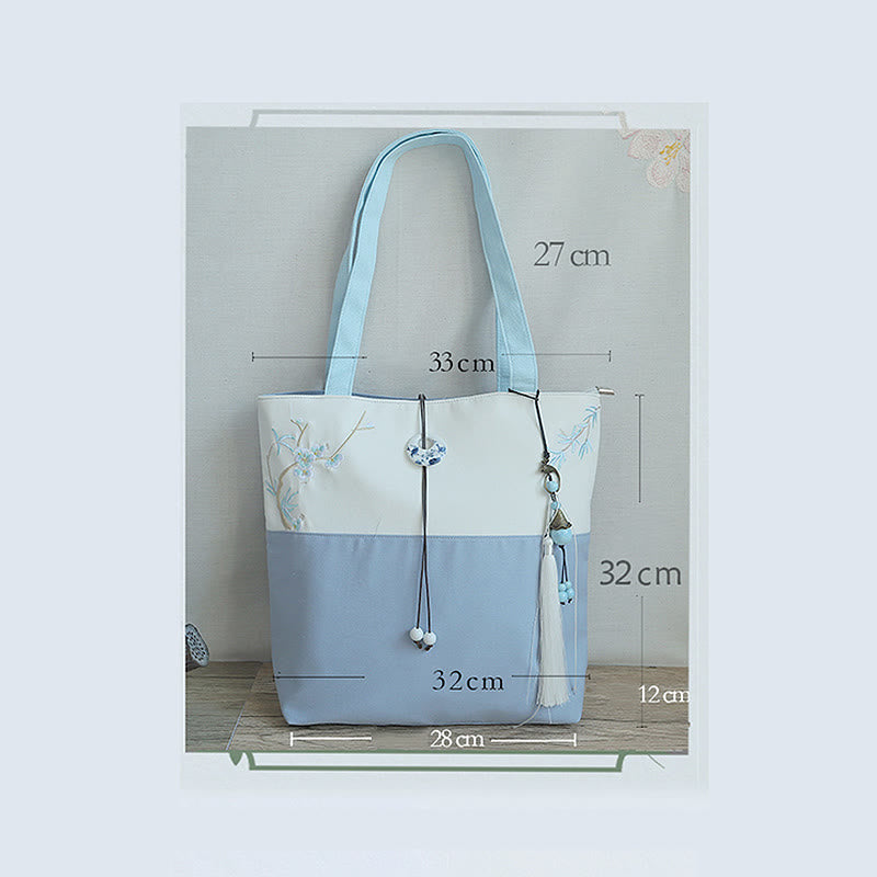 Bolso de hombro de gran capacidad con bordado de bambú, flor de pera, ciruelo, flor de melocotón, bolso de mano