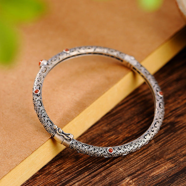 Brazalete de pulsera de la suerte de cobre con ágata roja grabada con diseño de flor de la dinastía Tang Vintage