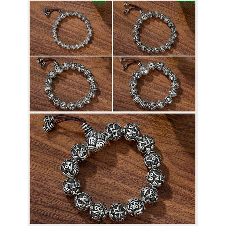 Pulsera de amuleto de cuentas de aleación tallada Om Mani Padme Hum tibetano con Buddha Stones