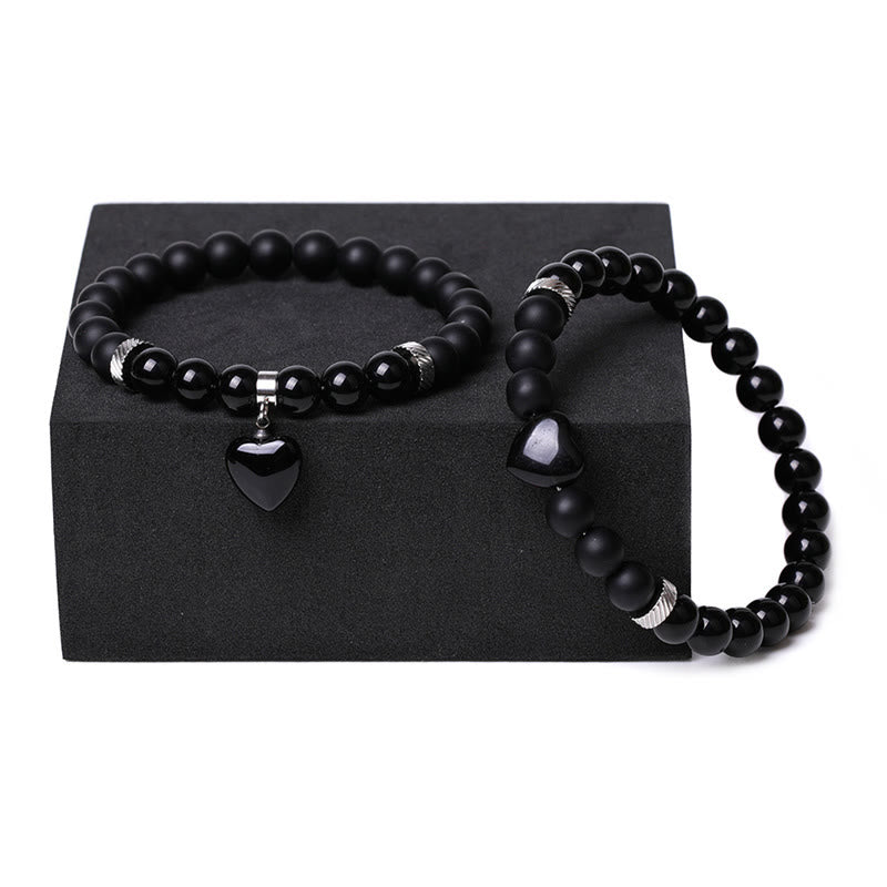 Buddha Stones 2 piezas de piedra de cristal de ónix negro amor protección del corazón pulsera de pareja