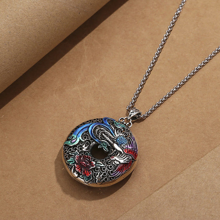 Colgante de collar de protección de la suerte con flor de peonía y fénix de Buddha Stones