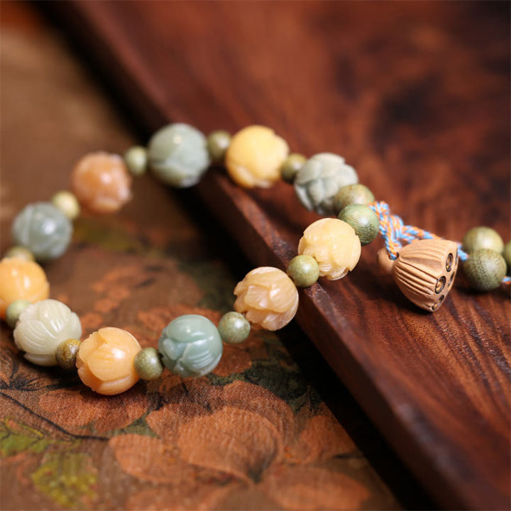 Pulsera de armonía de sabiduría de sándalo verde de loto con semillas de Bodhi de Buddha Stones