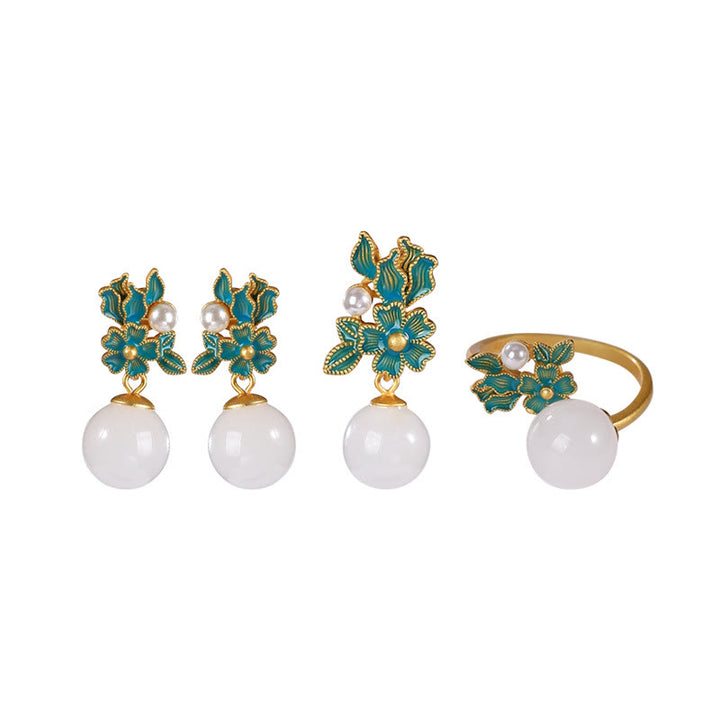 Buddha Stones Jade blanco Plata de ley 925 Perla Flor Bendición Collar Colgante Anillo Pendientes