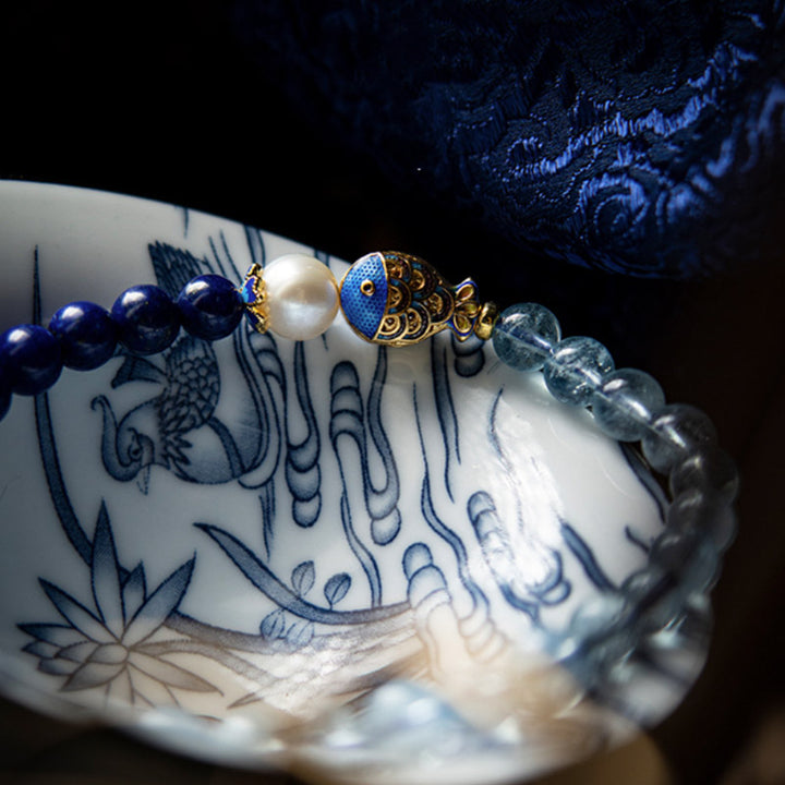 Pulsera curativa de peces de lazurita de aguamarina natural de Buddha Stones