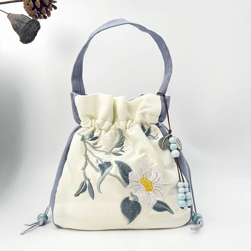 Bolso bandolera con Buddha Stones, bordado, mariposa, loto, magnolia, algodón y lino