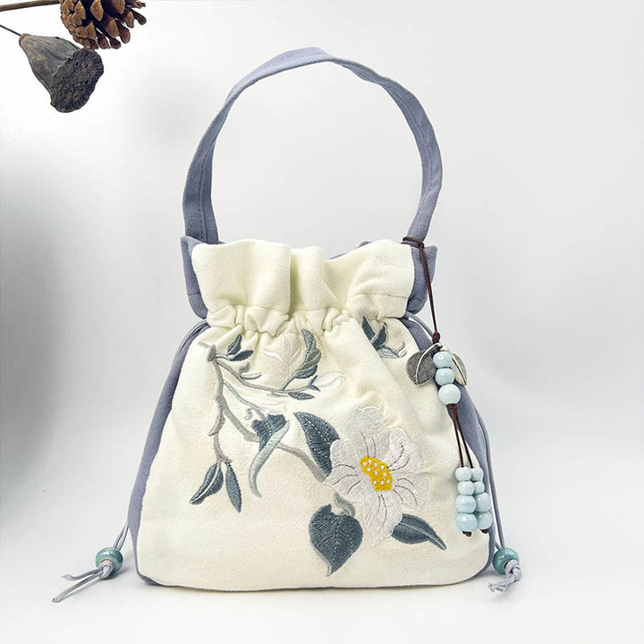 Bolso bandolera con Buddha Stones, bordado, mariposa, loto, magnolia, algodón y lino