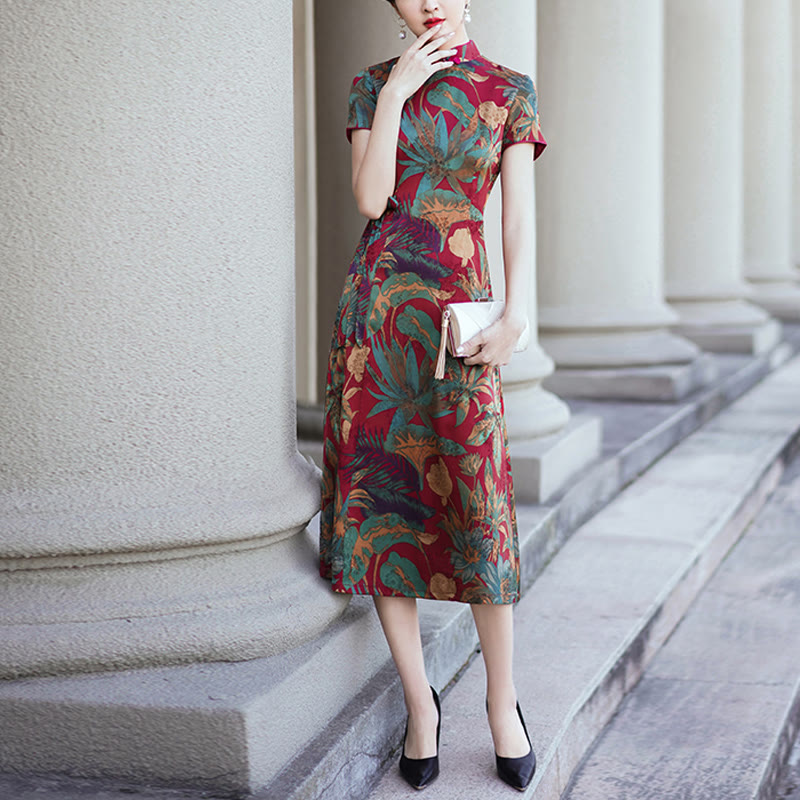 Vestido Qipao de seda con Buddha Stones, vestido Cheongsam con patrón de hojas y flores Retro para mujer