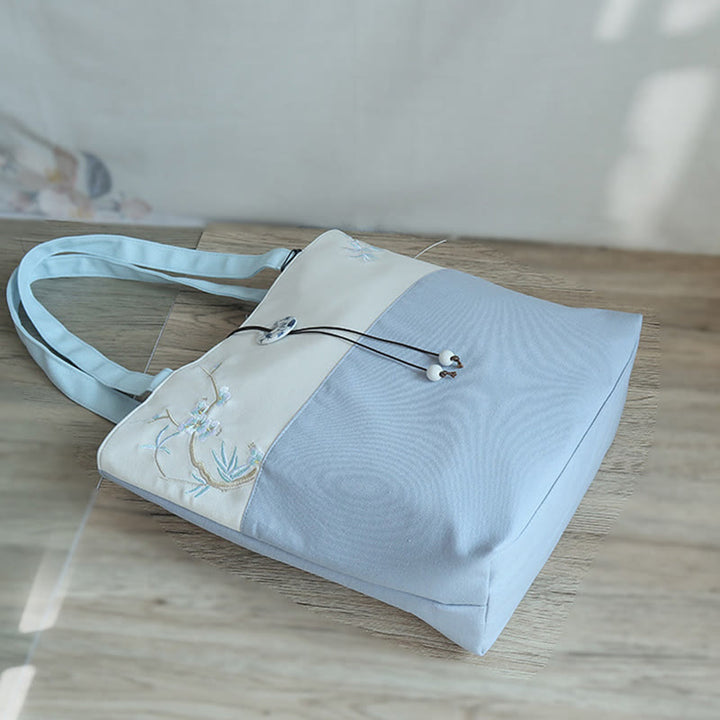 Bolso de hombro de gran capacidad con bordado de bambú, flor de pera, ciruelo, flor de melocotón, bolso de mano