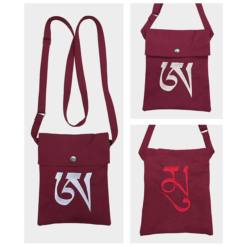 Hecho a mano OM Mantra bordado espiritual mente práctica algodón crossbody bolso hombro bolso teléfono celular