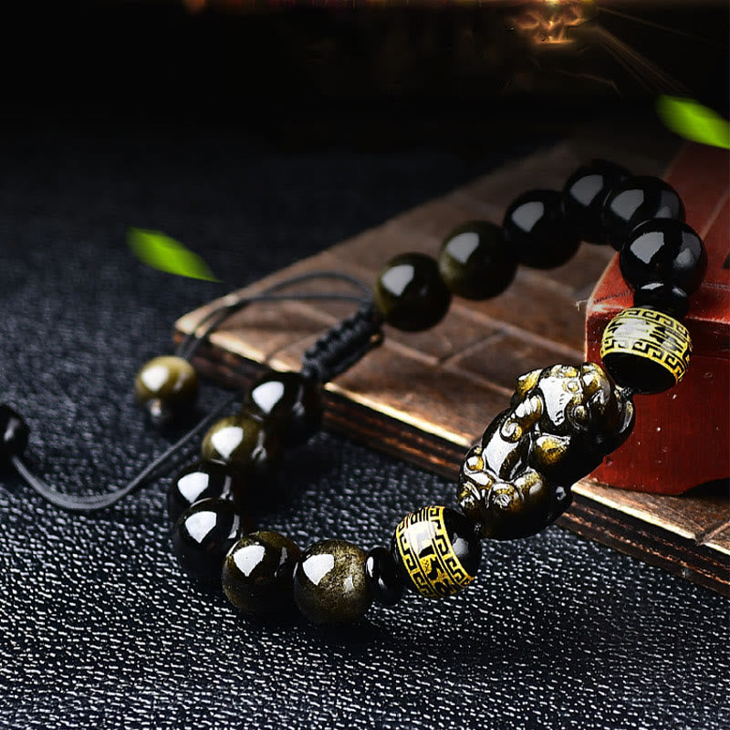 Pulsera trenzada de obsidiana con brillo de oro natural, Buddha Stones , PiXiu Om Mani Padme Hum, riqueza