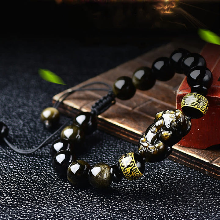 Pulsera trenzada de obsidiana con brillo de oro natural, Buddha Stones , PiXiu Om Mani Padme Hum, riqueza