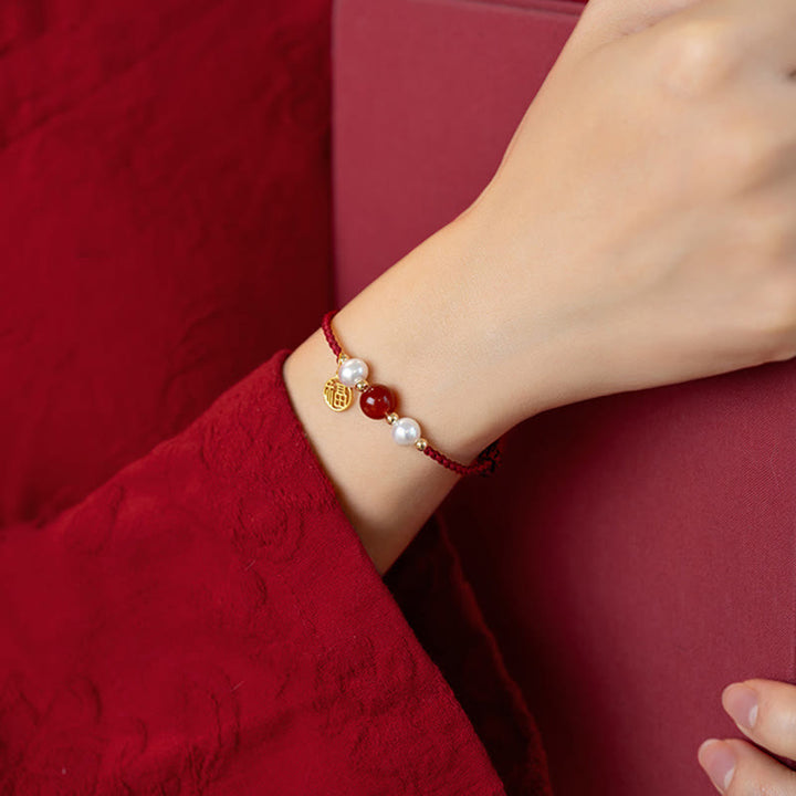 Pulsera trenzada de hilo rojo con perlas de ágata y personaje de buena fortuna, Plata de Ley 925 con Buddha Stones